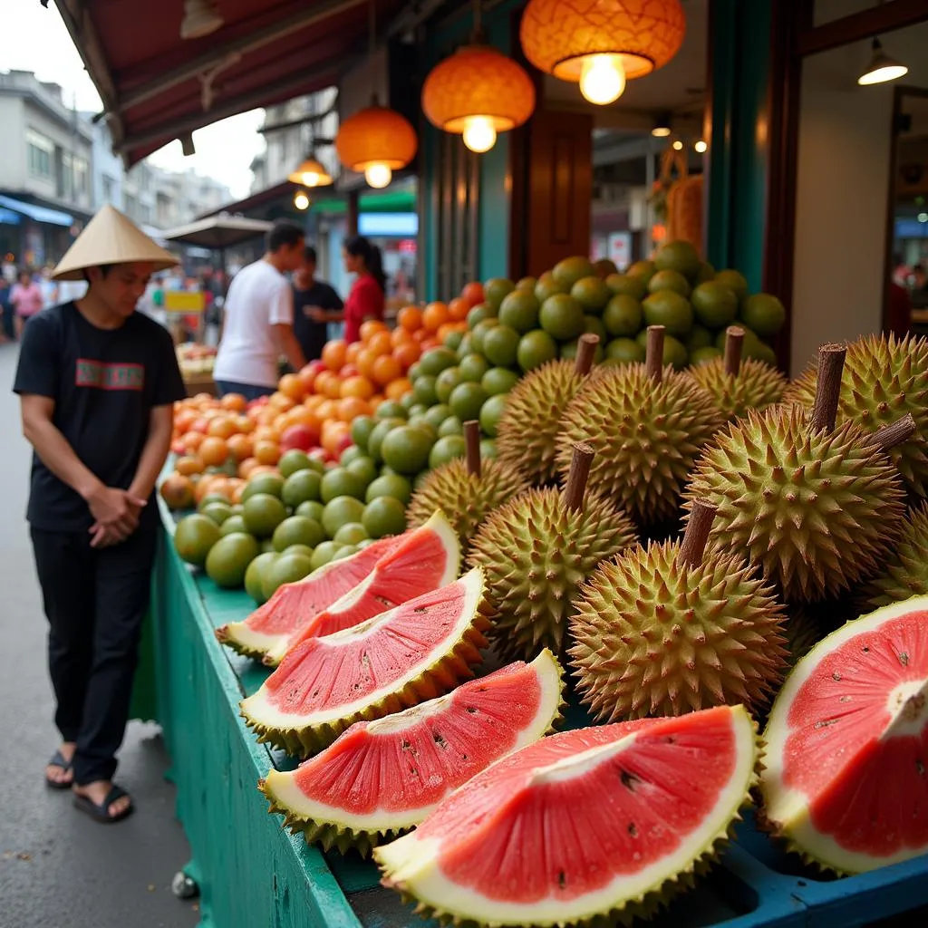 Local market in Hanoi selling red-fleshed durian