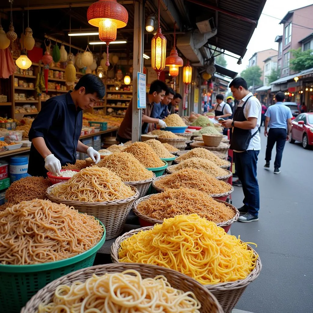 Local market in Hanoi with noodles