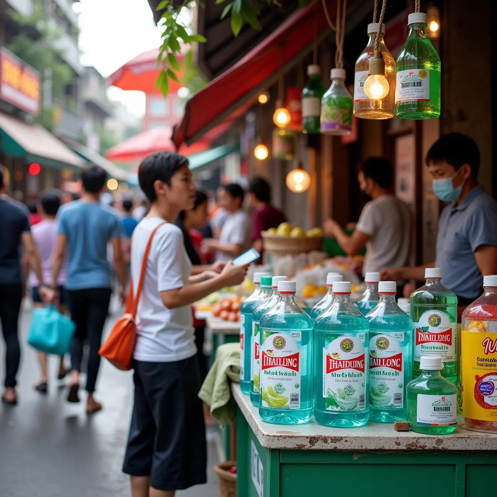 Local market in Hanoi selling Thaiduong mouthwash