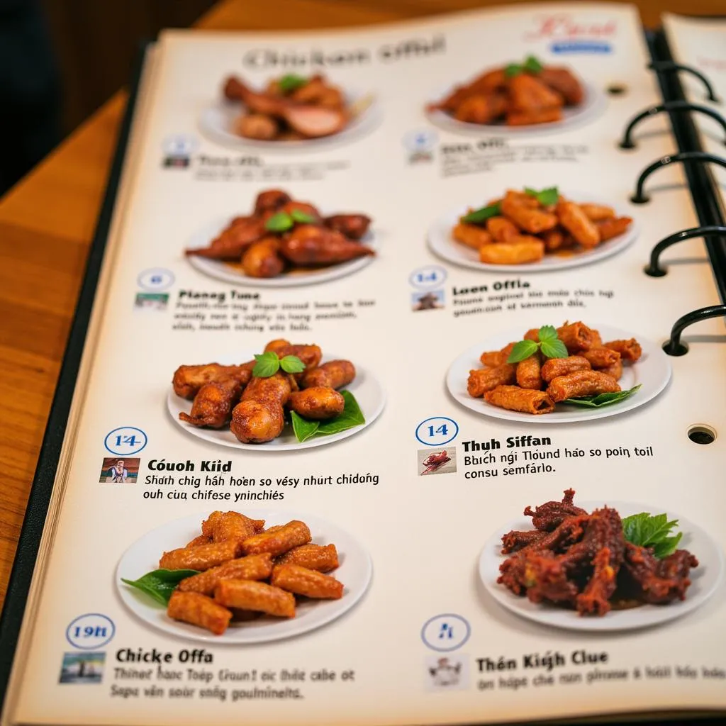 Menu at a local restaurant in Hanoi featuring chicken offal dishes