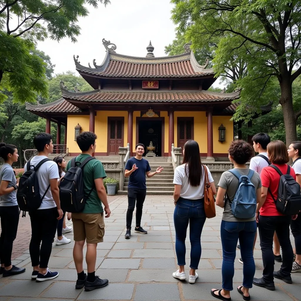 Local guide sharing knowledge with tourists at a temple in Hanoi