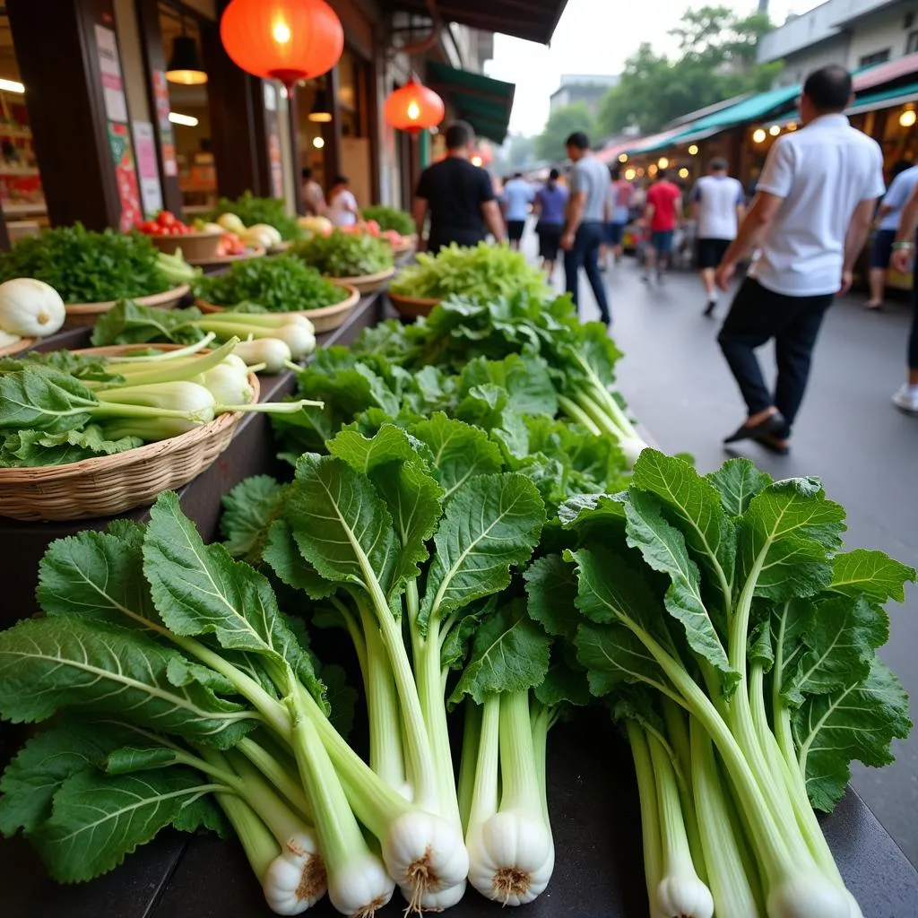 Hanoi market with cooling greens