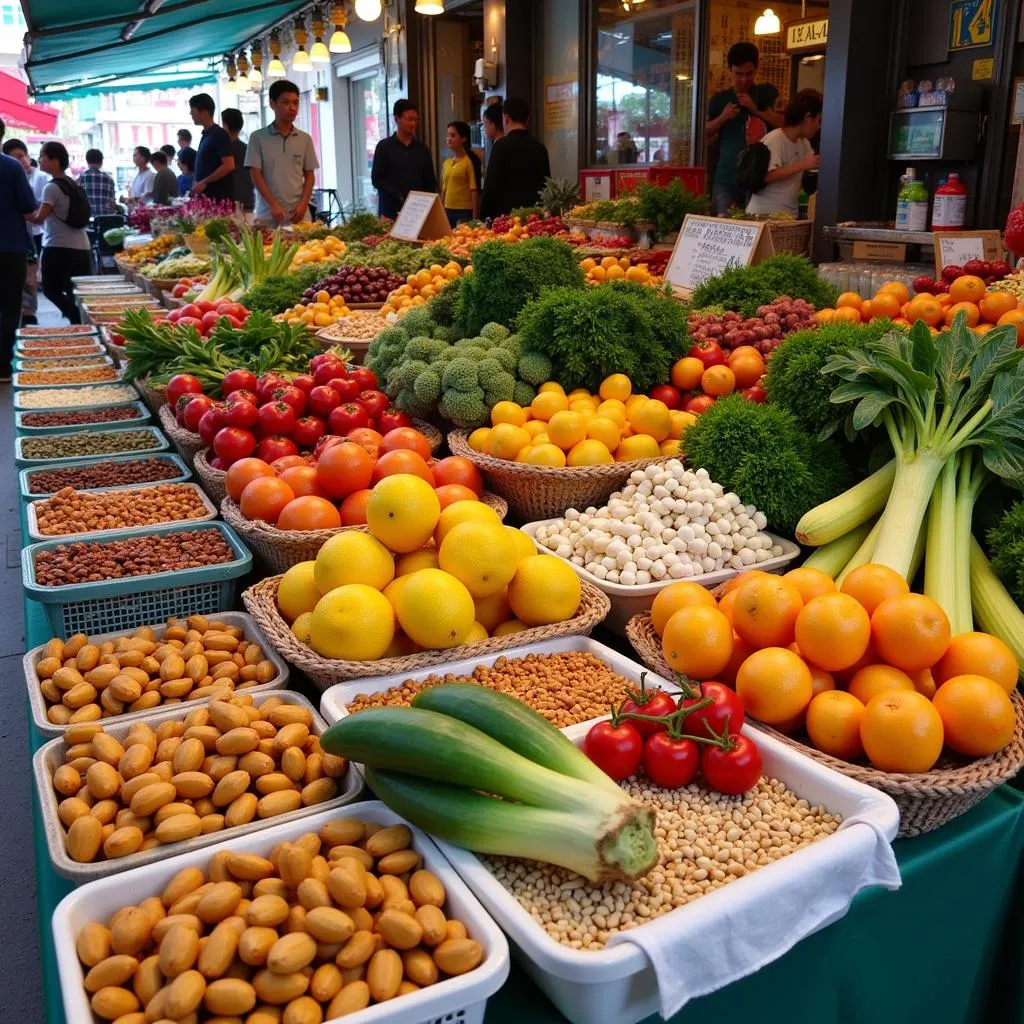 A bustling market in Hanoi showcasing an array of fresh fruits, vegetables, and nuts