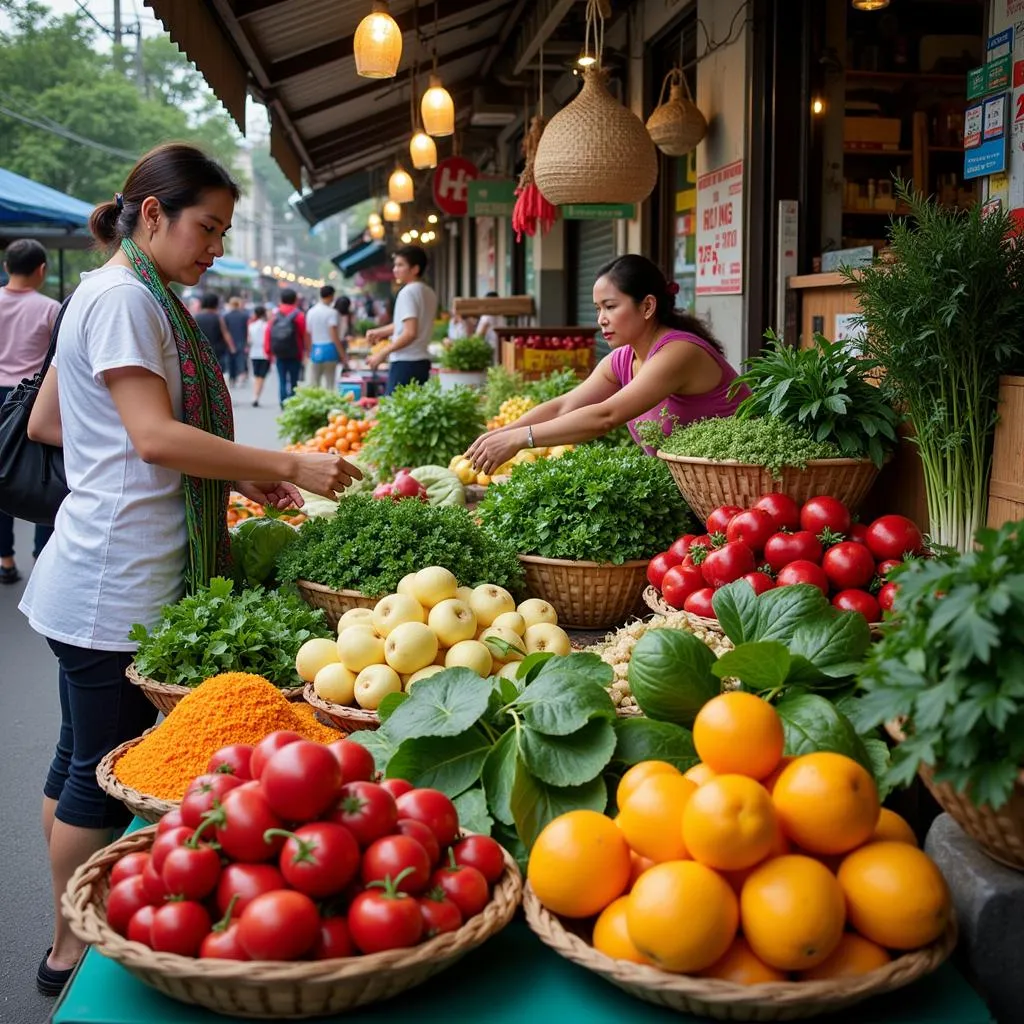 Hanoi market with colorful fresh produce.