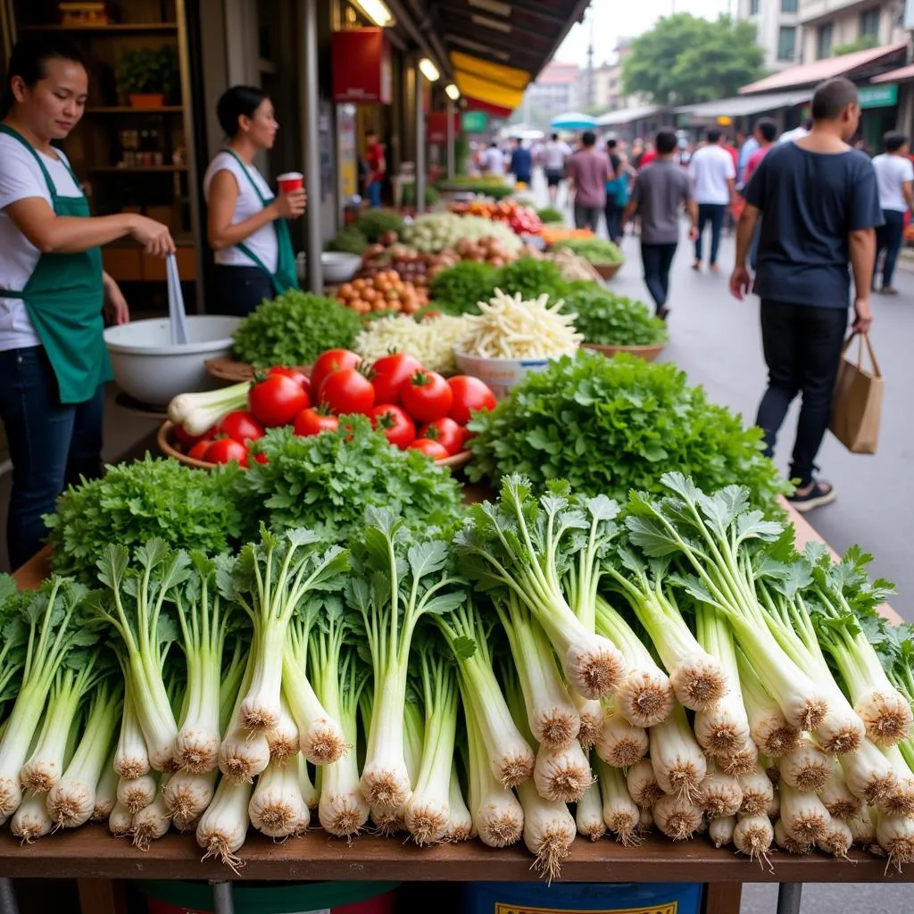 Fresh sprouts and vegetables on display at a bustling Hanoi market