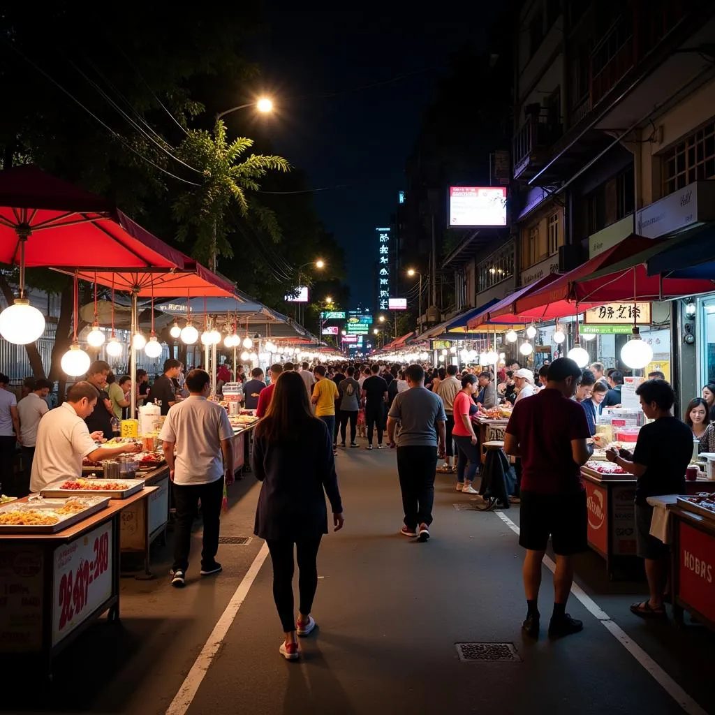 Hanoi night market with food stalls and people