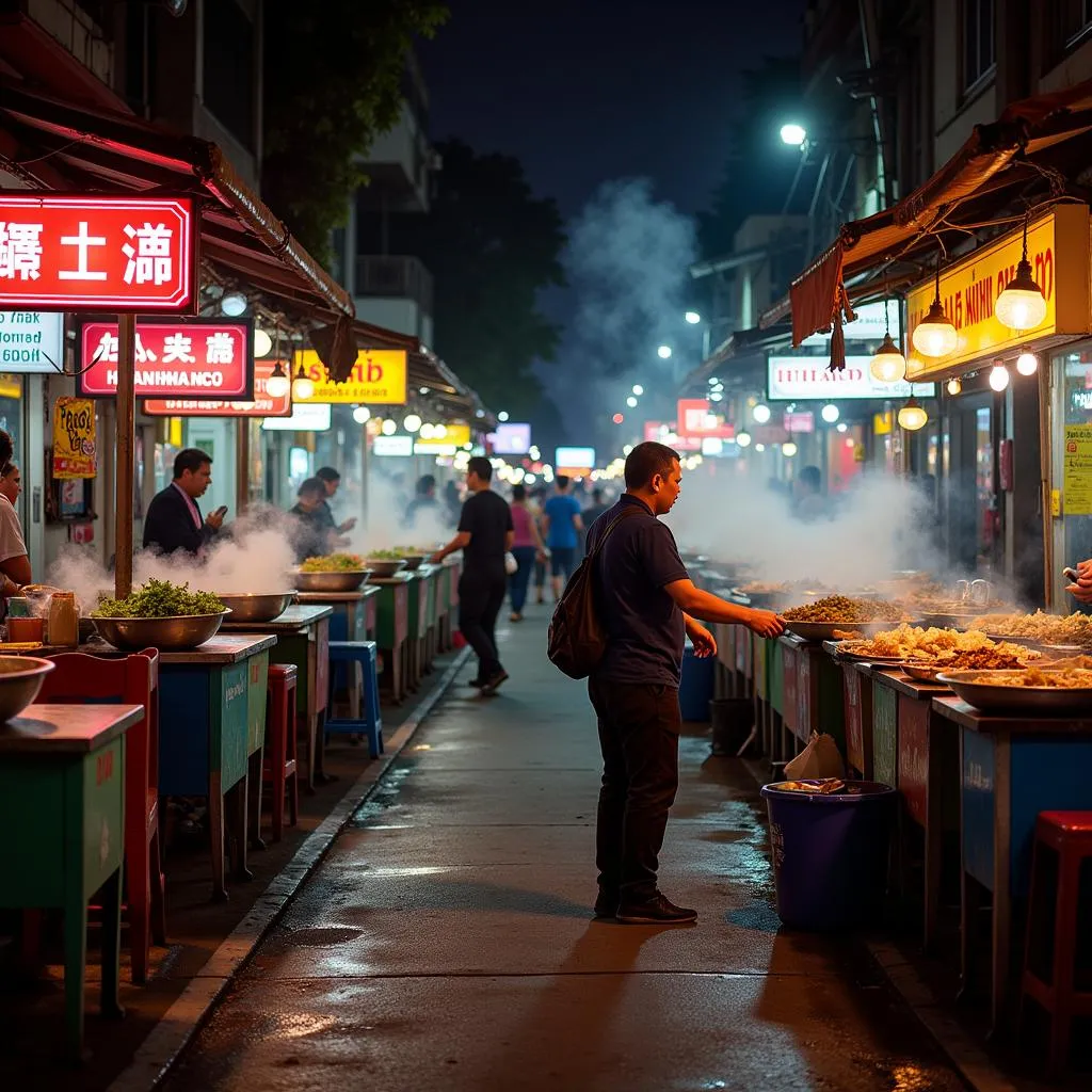 Hanoi night market with bustling food stalls