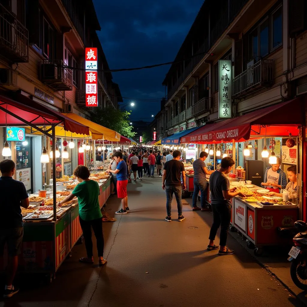 Hanoi night market with food stalls and people enjoying late-night meals