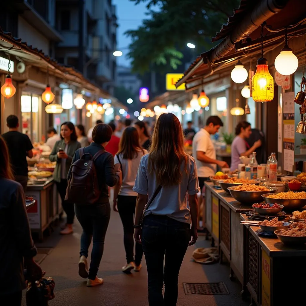 Hanoi night market scene with locals and tourists enjoying street food and the atmosphere.