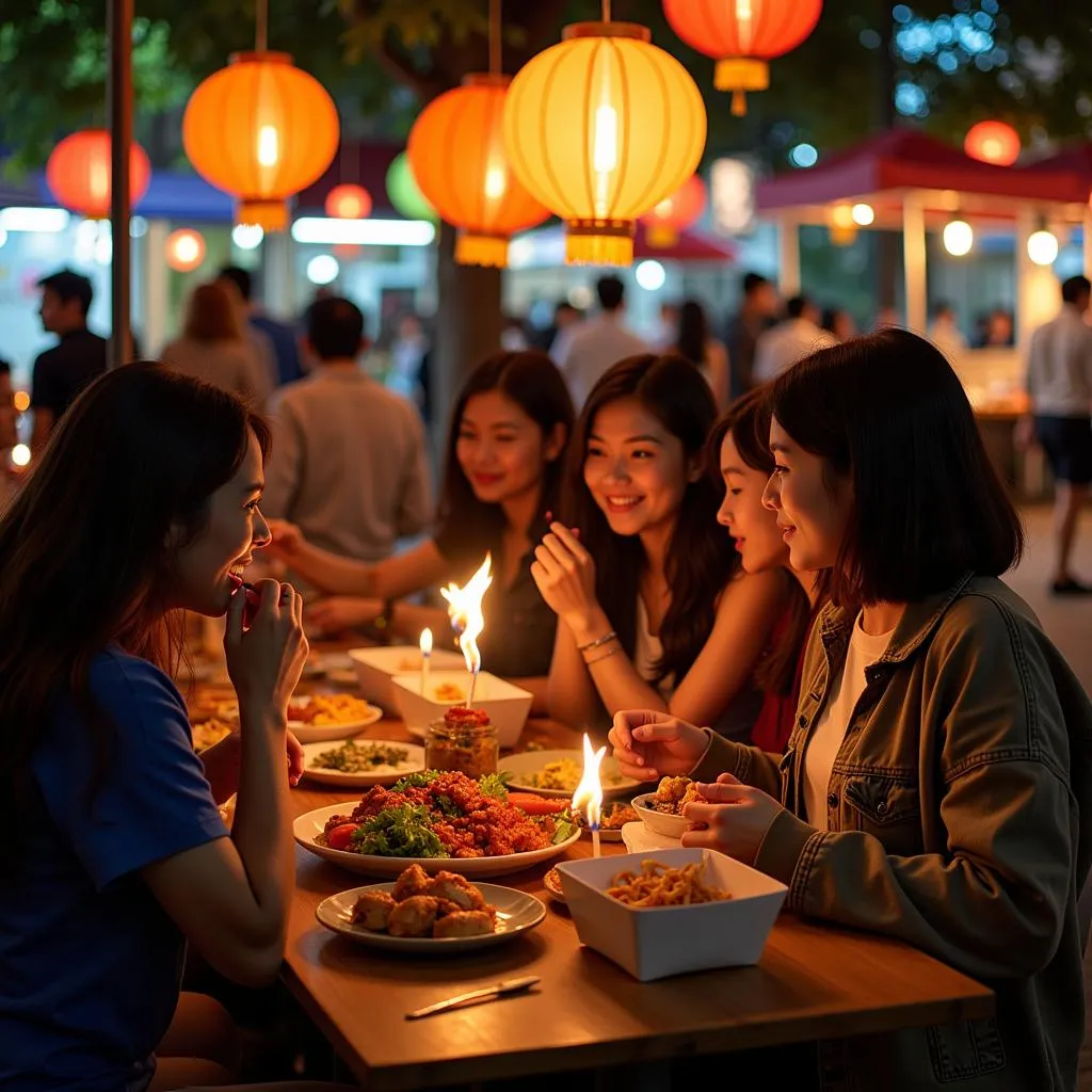 Enjoying a spicy box at Hanoi night market