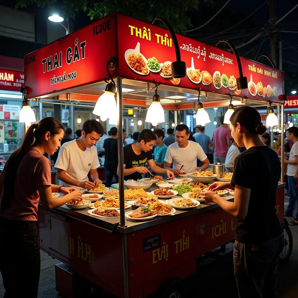 Busy Thai food stall in Hanoi night market 