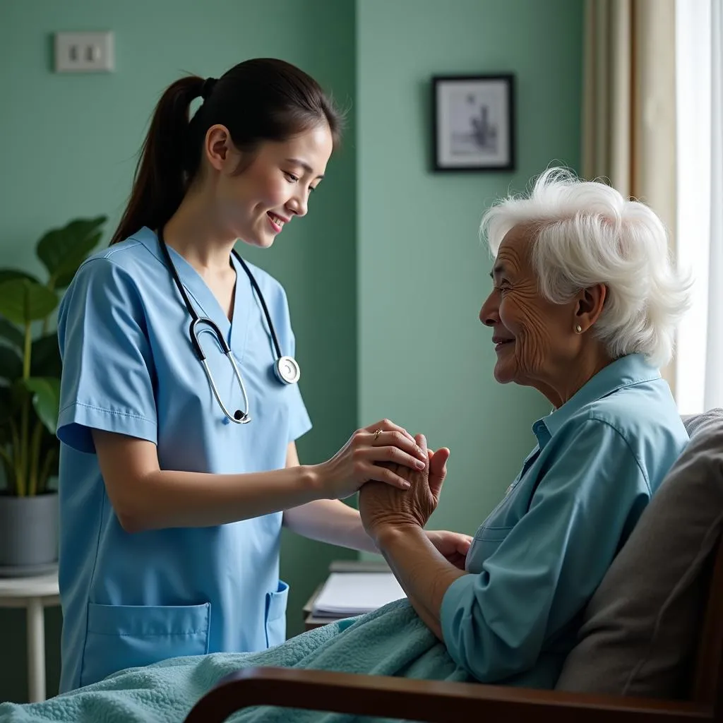 A Vietnamese nurse providing emotional support to a patient