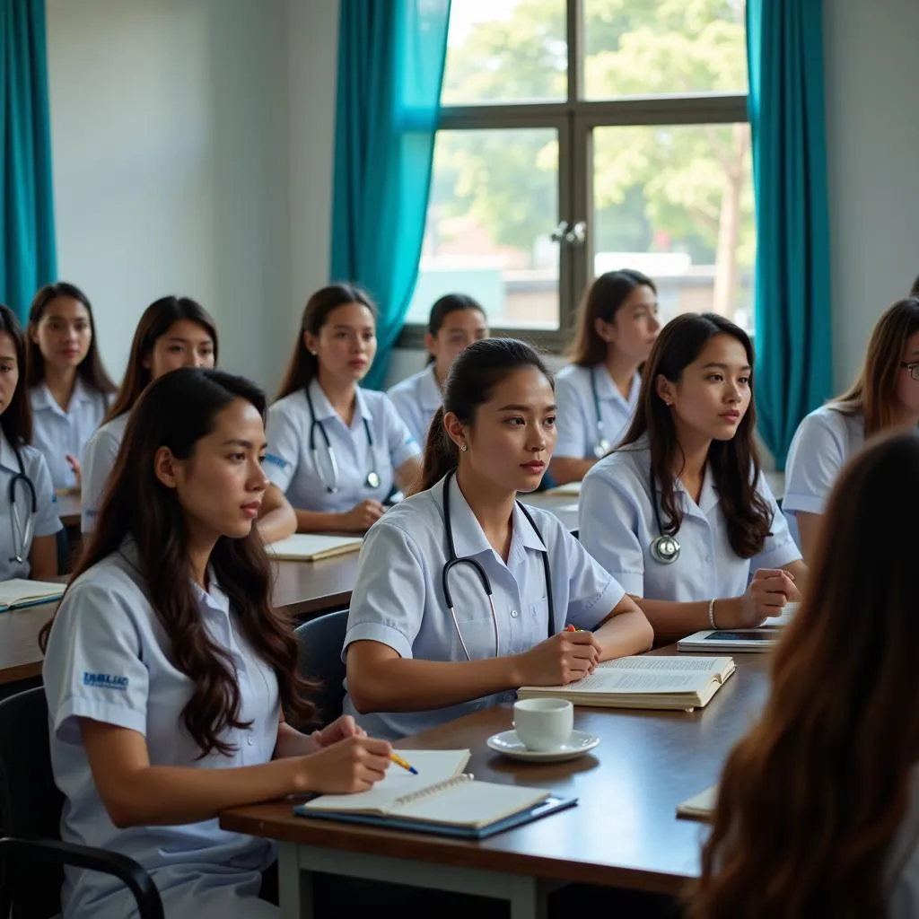 Nursing students attending a lecture in Hanoi