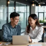 Hanoi office workers using laptops for collaboration