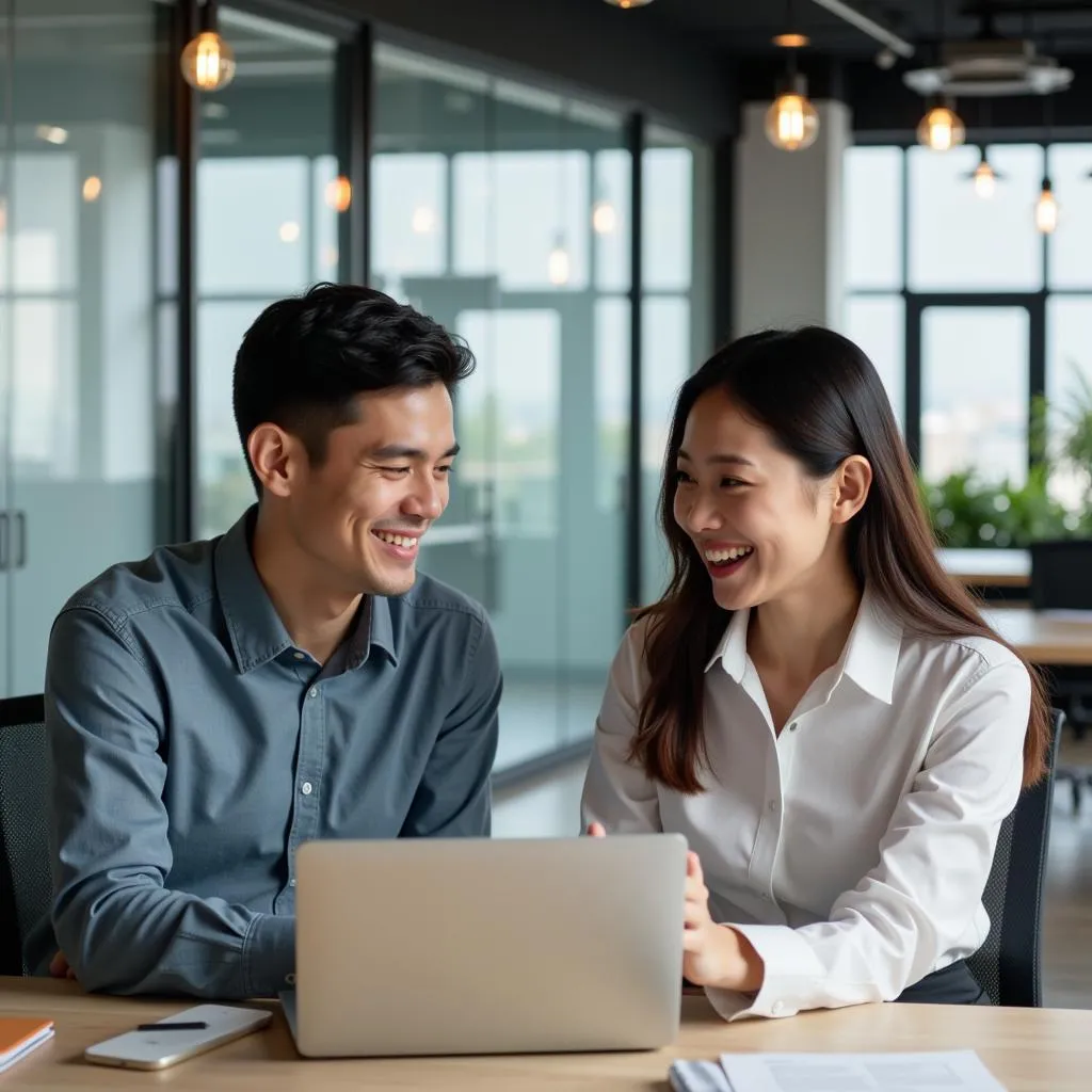 Hanoi office workers using laptops for collaboration