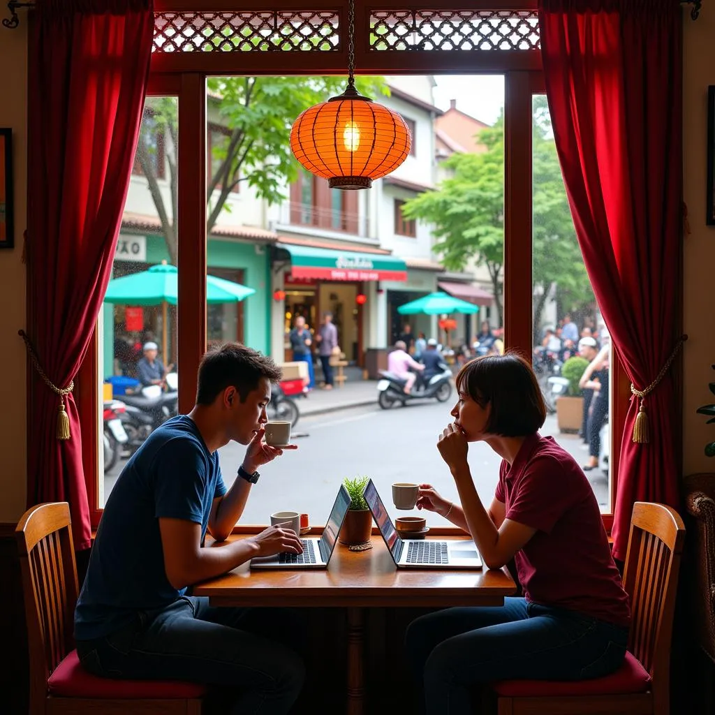 Tourists using wifi in a Hanoi cafe