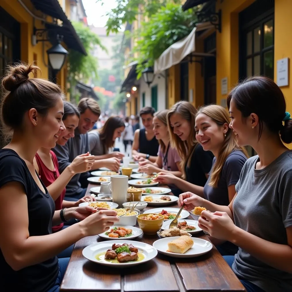 Tourists enjoying a food tour in Hanoi's Old Quarter