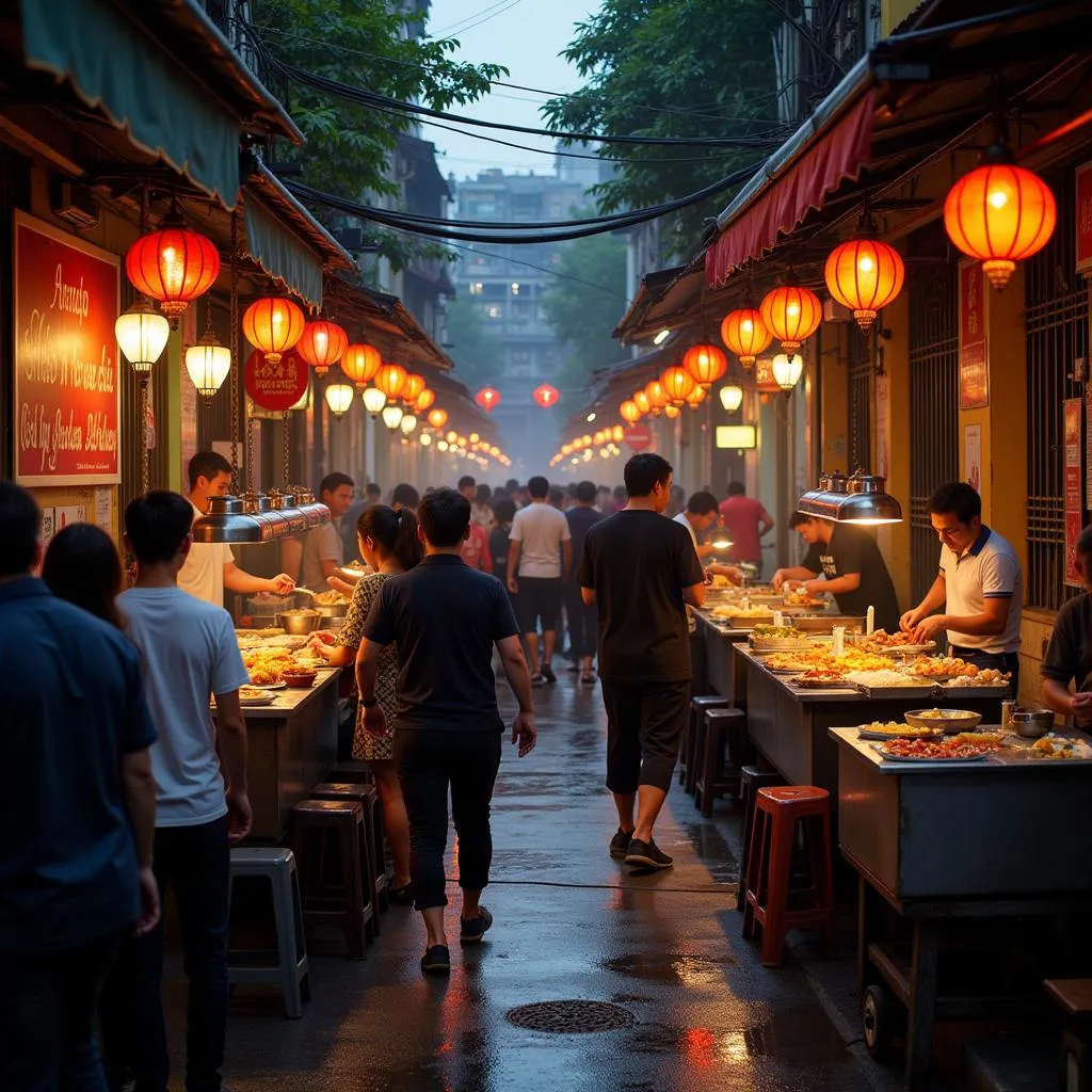 Busy street food alley in Hanoi's Old Quarter