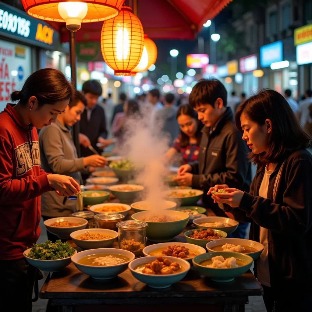 Busy street food stall in Hanoi Old Quarter