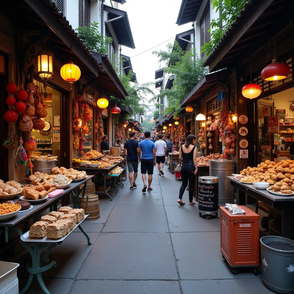 A bustling street scene in Hanoi's Old Quarter, showcasing the vibrant energy of the city and its diverse culinary offerings.