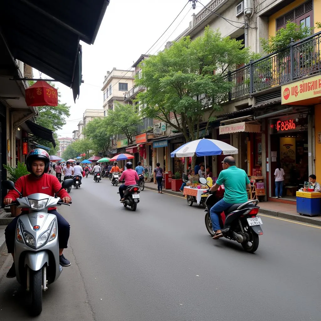 Bustling street scene in Hanoi's Old Quarter