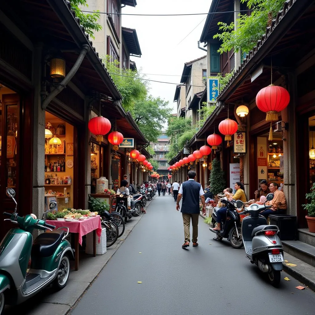 Bustling street in Hanoi's Old Quarter with traditional houses