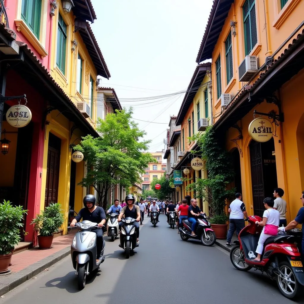 Hanoi Old Quarter street scene with traditional houses