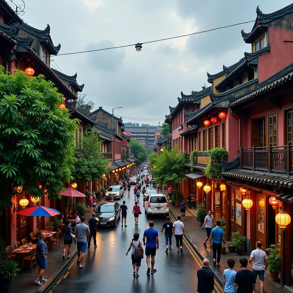 Bustling street scene in Hanoi's Old Quarter