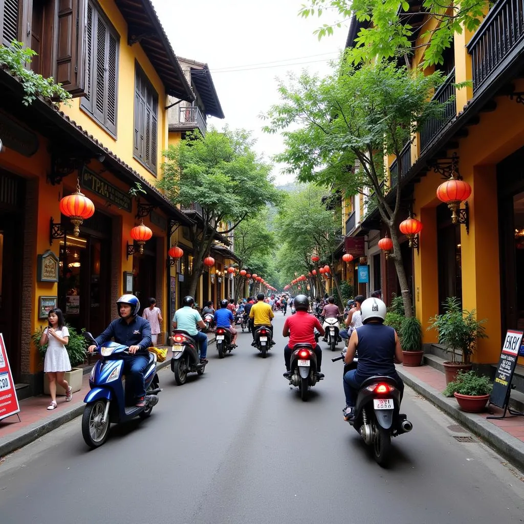 Hanoi Old Quarter Street Scene with Motorbikes