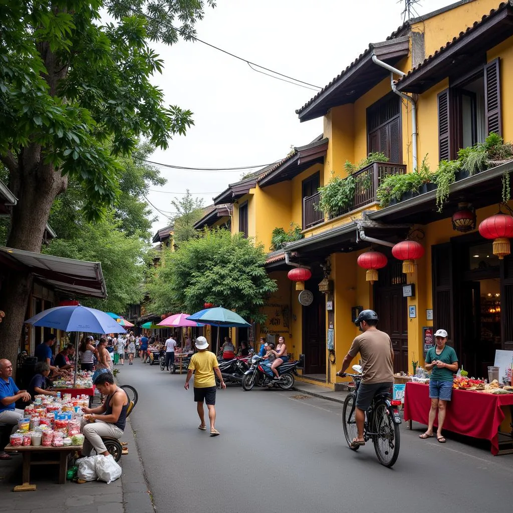 Bustling streets of Hanoi's Old Quarter with vibrant street vendors and traditional architecture