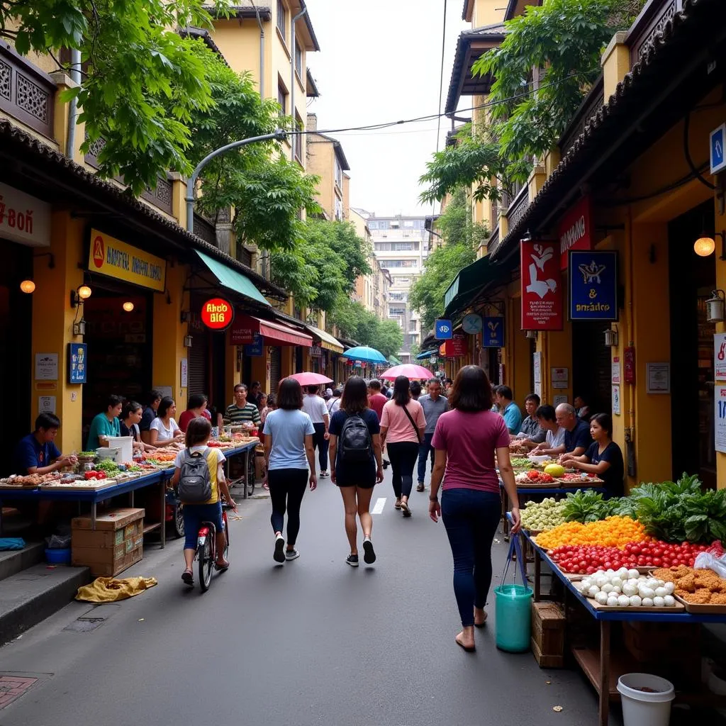 Hanoi Old Quarter bustling with vendors and tourists