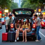 Group of friends embarking on an overnight road trip in a rented 7-seater car