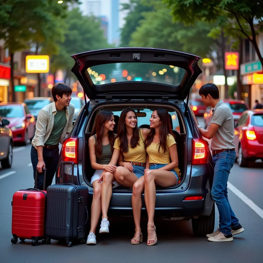 Group of friends embarking on an overnight road trip in a rented 7-seater car