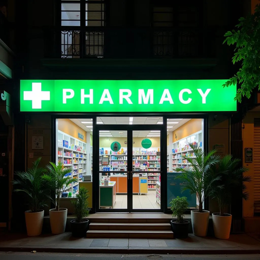 Hanoi pharmacy with green cross sign