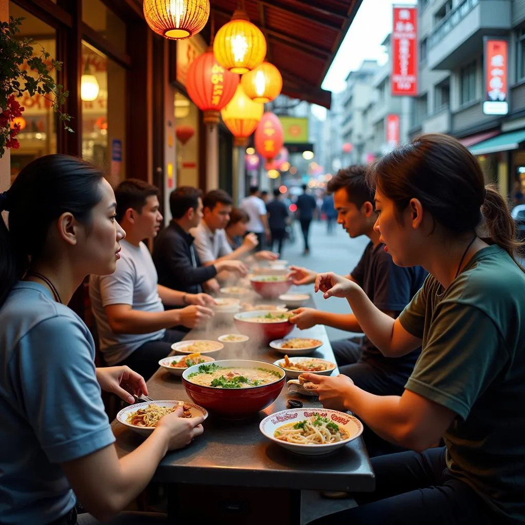  Customers enjoying Pho at a Hanoi stall.