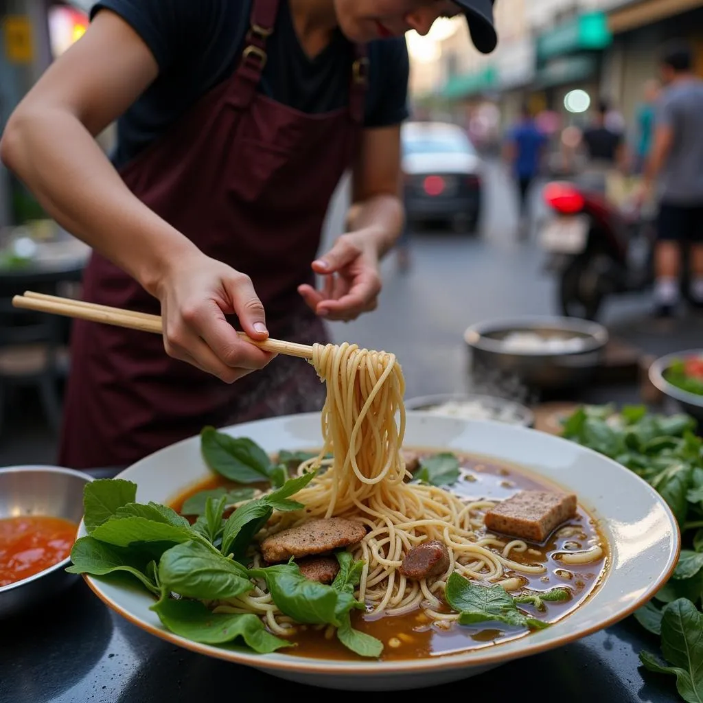 Hanoi street food vendor preparing a bowl of pho