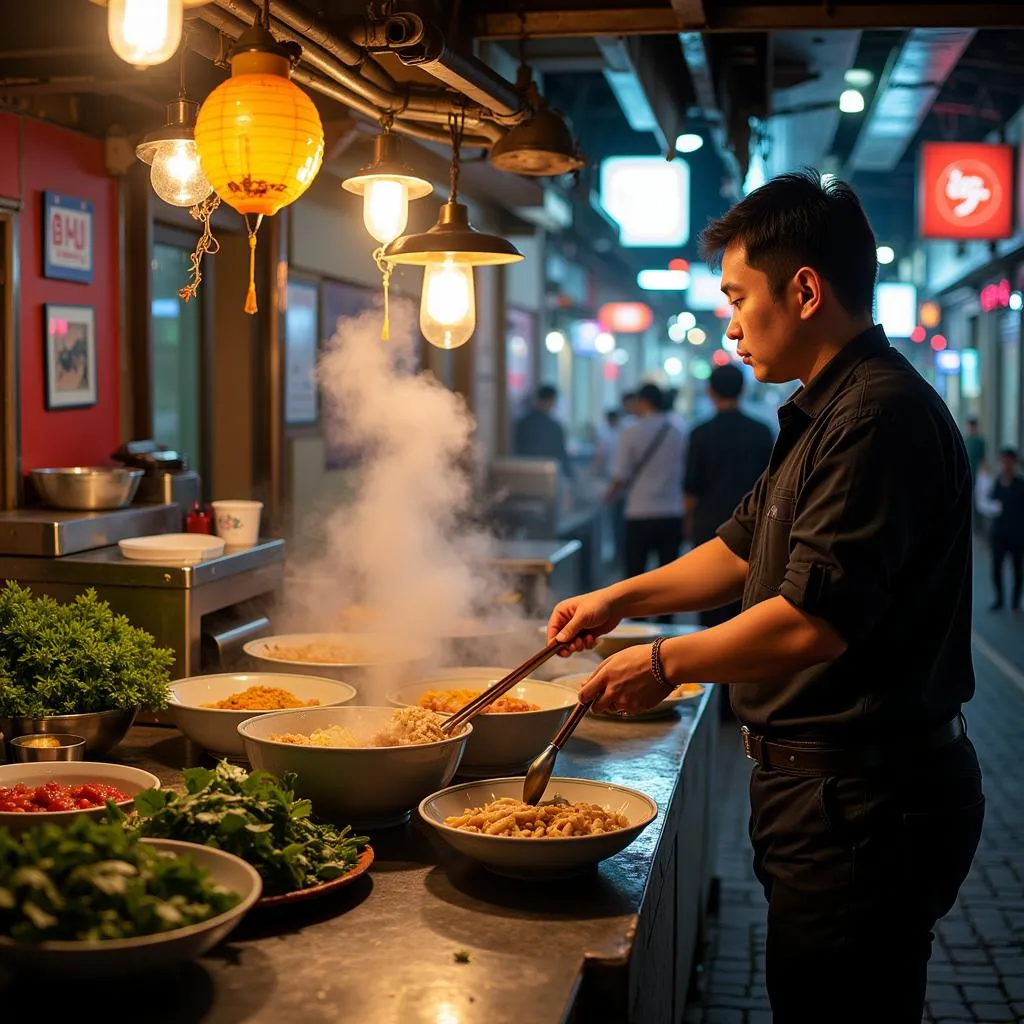 Hanoi street food vendor preparing Pho