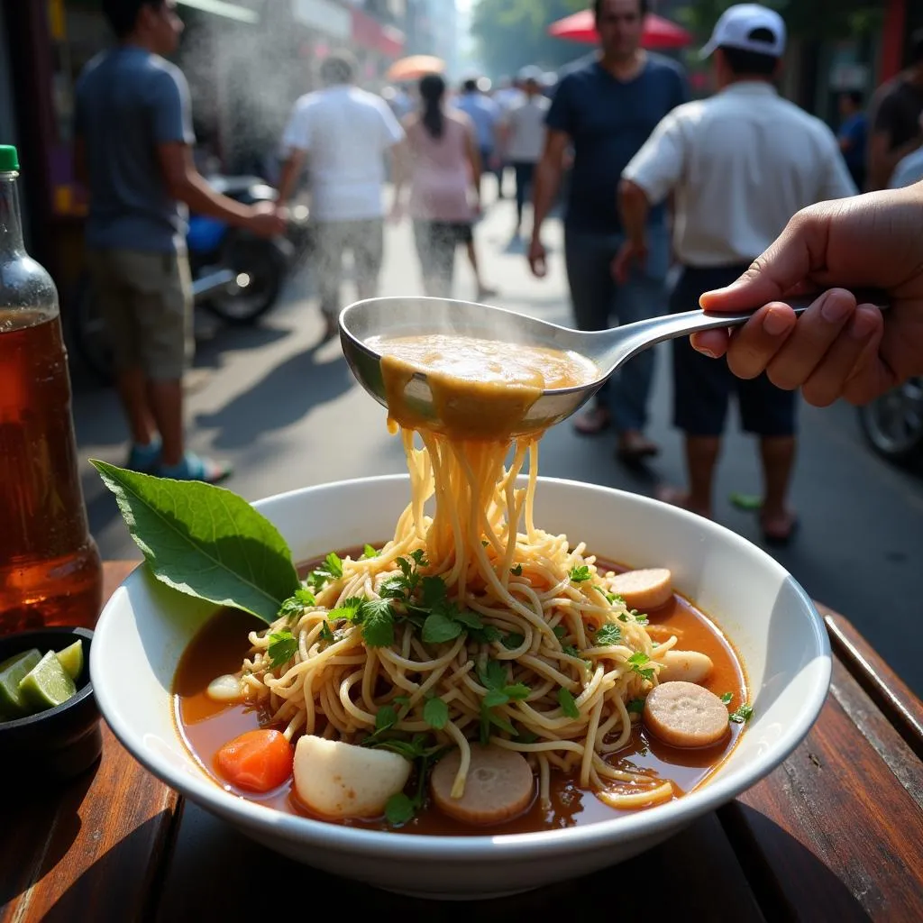 Hanoi street food vendor preparing pho