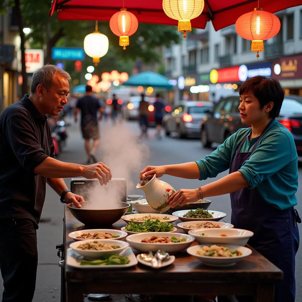 Hanoi street food vendor serving pho