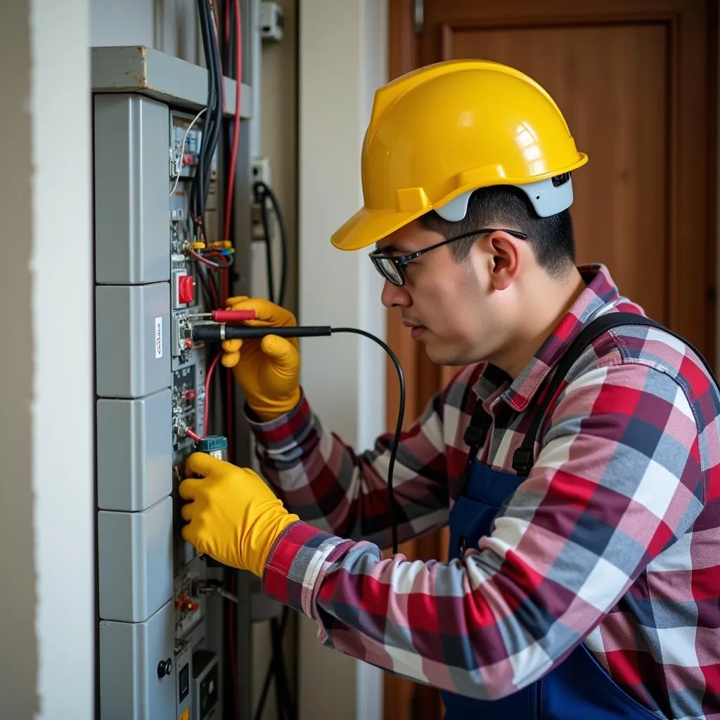 A qualified electrician in Hanoi meticulously working on electrical wiring