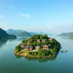 Traditional Vietnamese houses on a small islet in the Red River, Hanoi