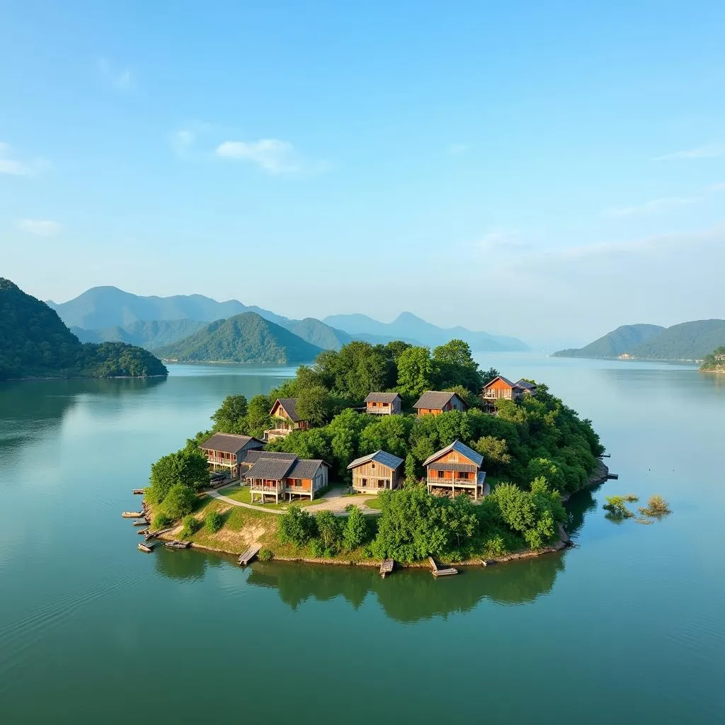 Traditional Vietnamese houses on a small islet in the Red River, Hanoi