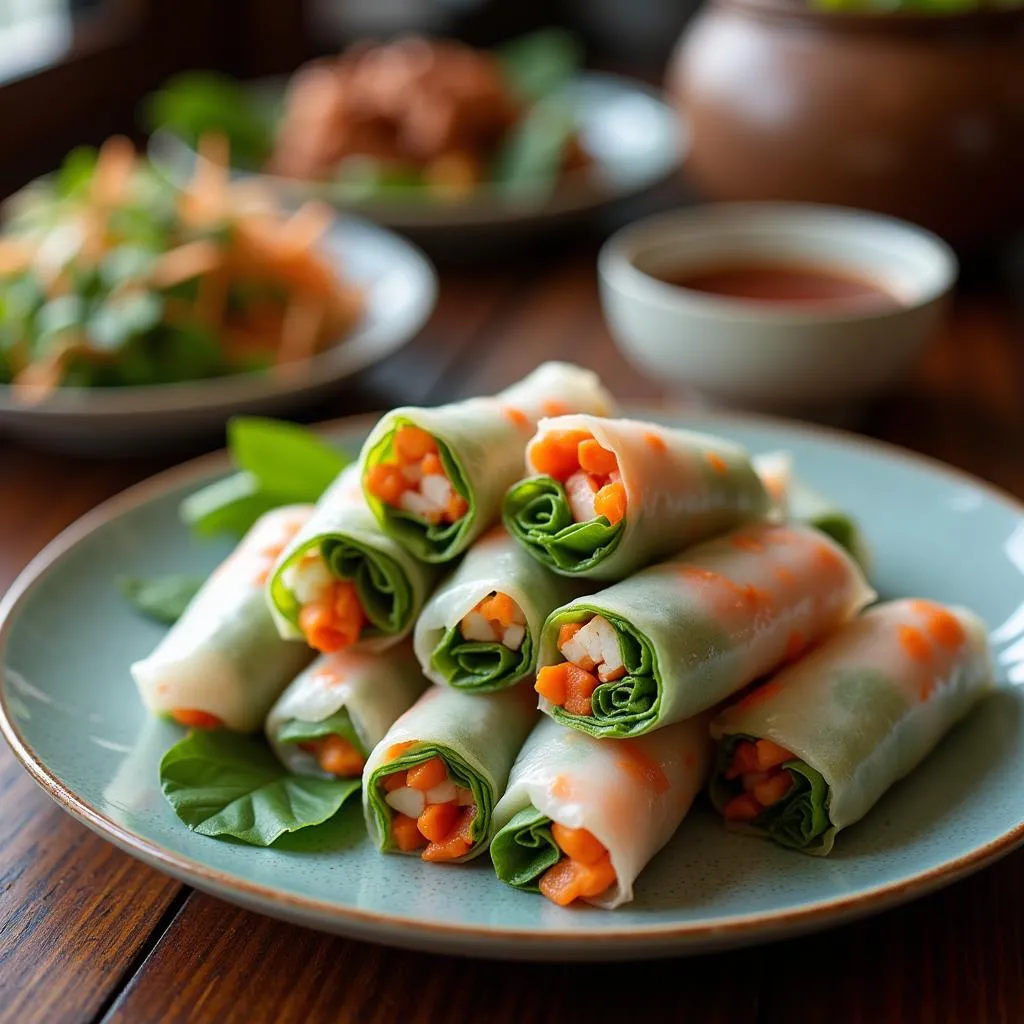 A plate of fresh spring rolls with dipping sauce in a Hanoi restaurant