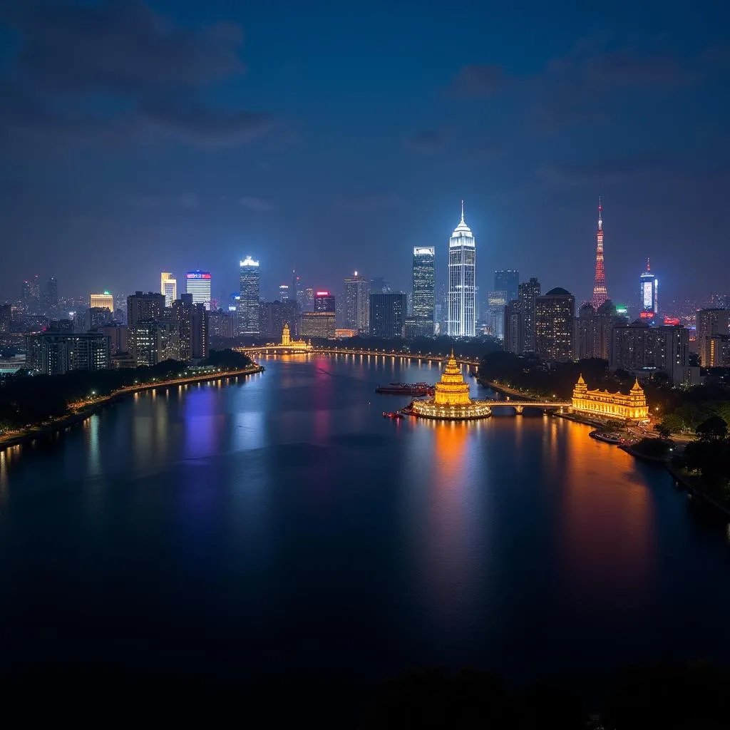 Hanoi skyline at night reflected in Hoan Kiem Lake