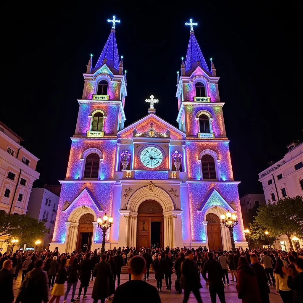 St. Joseph's Cathedral adorned with Christmas lights