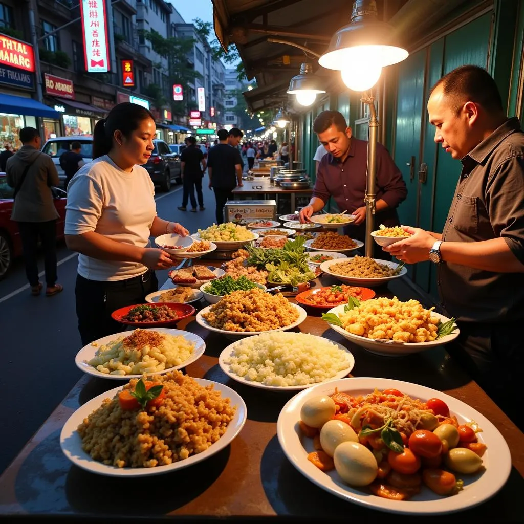 Hanoi street food stalls with a variety of dishes