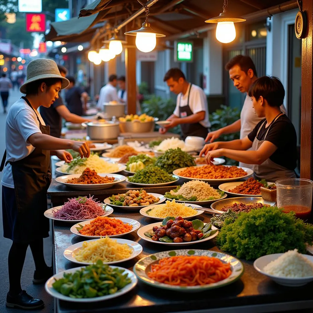 Hanoi street food vendors preparing fresh dishes