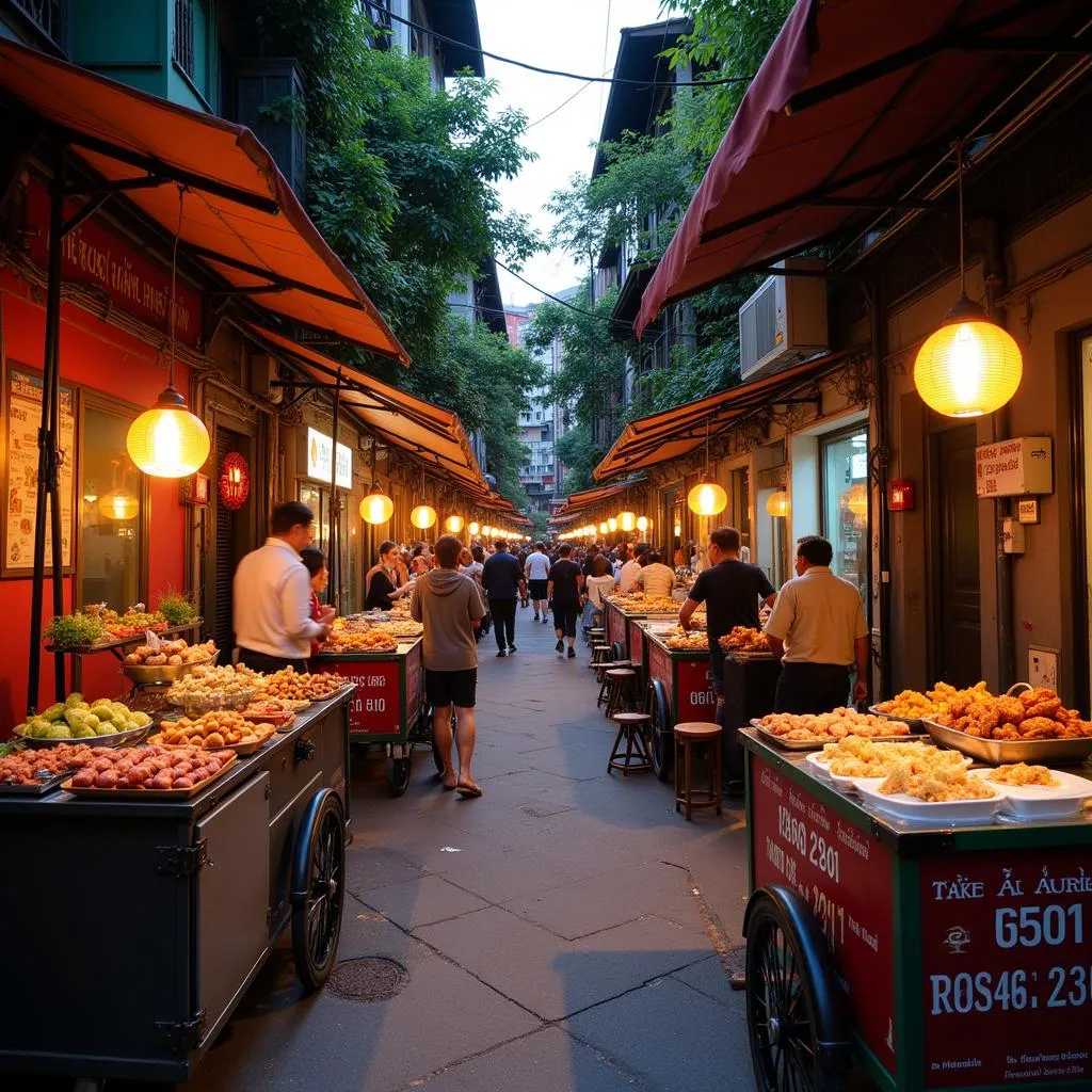 Street view of a Hanoi alley bustling with street food vendors