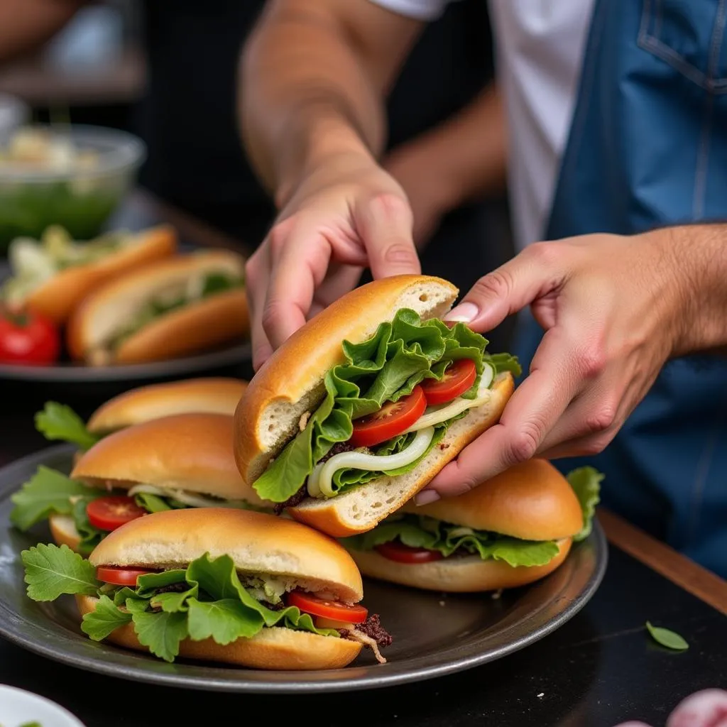 A vendor making banh mi in Hanoi