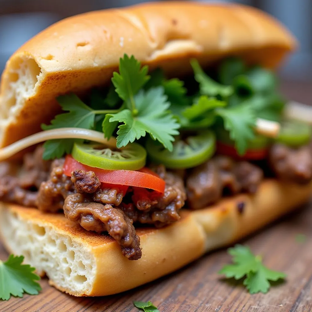 A close-up shot of a Banh Mi sandwich